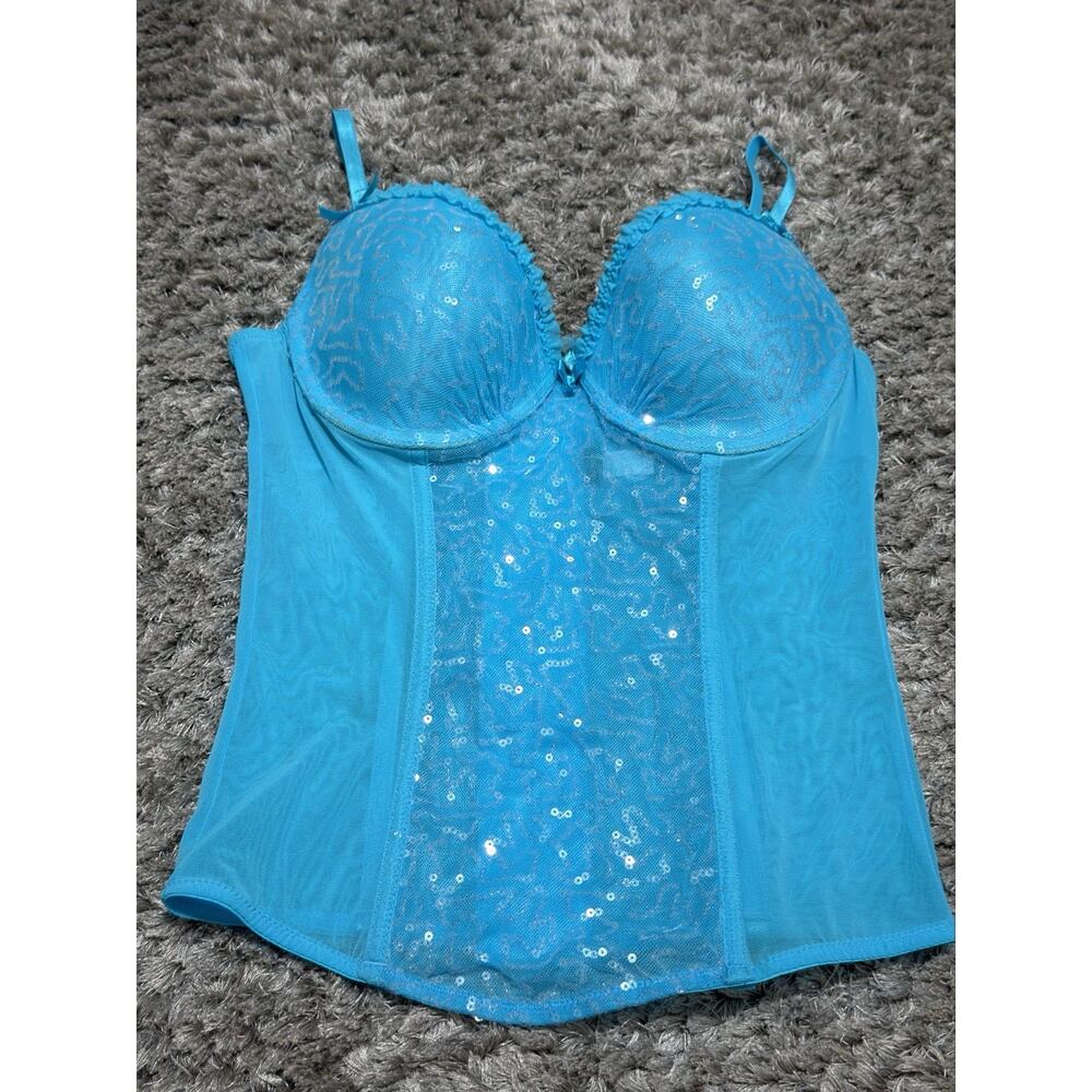 Passion Forever Women’s Turquoise Lace Sequin Push-Up Bustier Corset Size XL